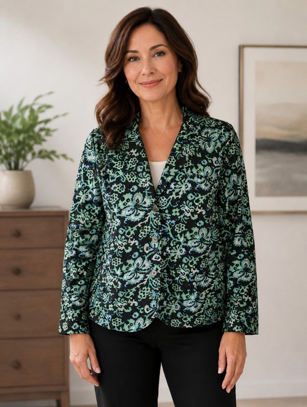 Charter Club Womens Floral Print Jacket Size Large Button Front Cotton EUC